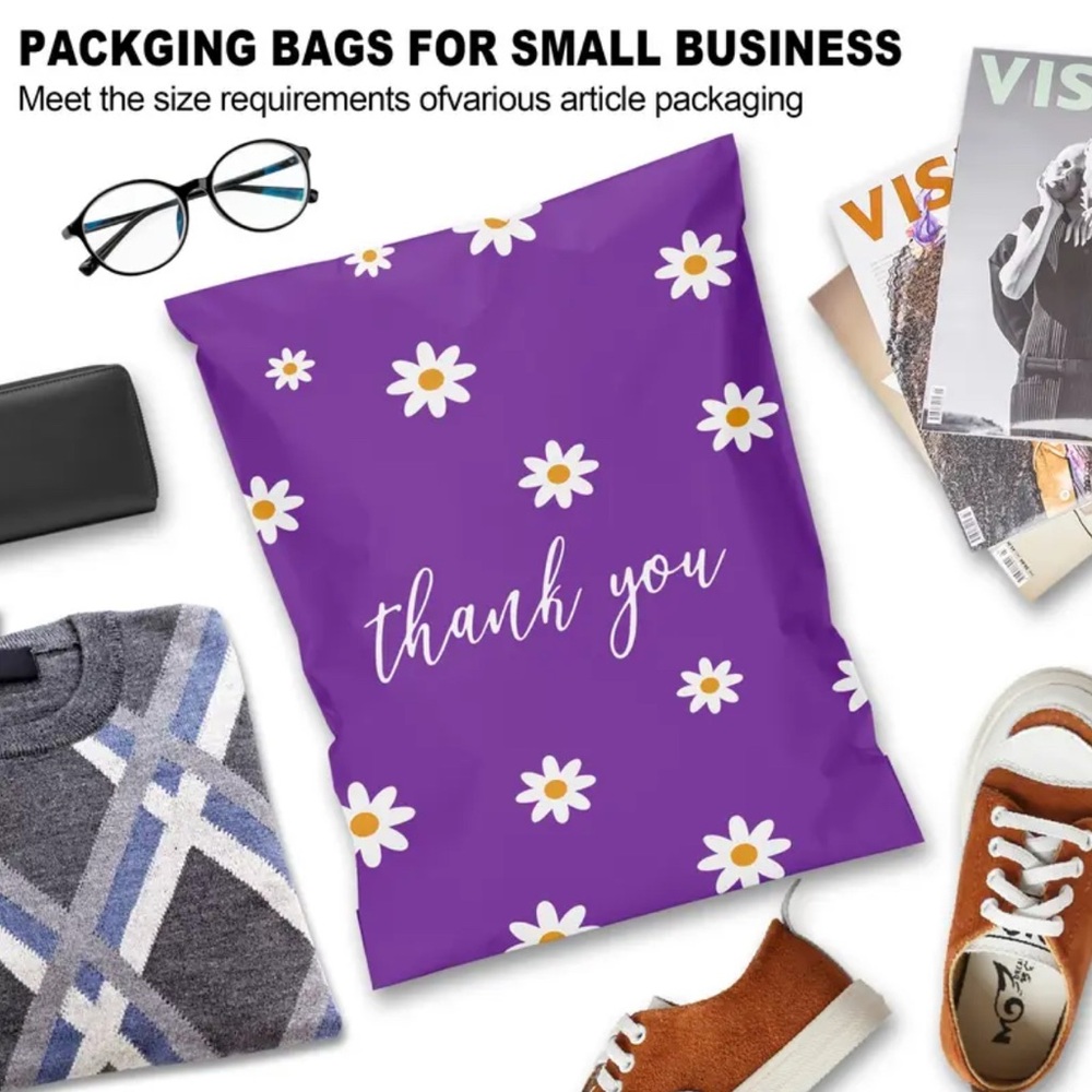 10 X 13” Purple Polymailers with Daisy Print - 10 Packaging Bags - Picture 2 of 3